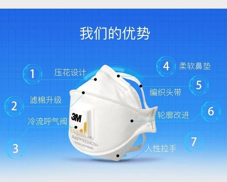 3M 9334CN+ 防颗粒物口罩 （呼气阀、头带式、欧洲FFP3认证和中国KN95认证）